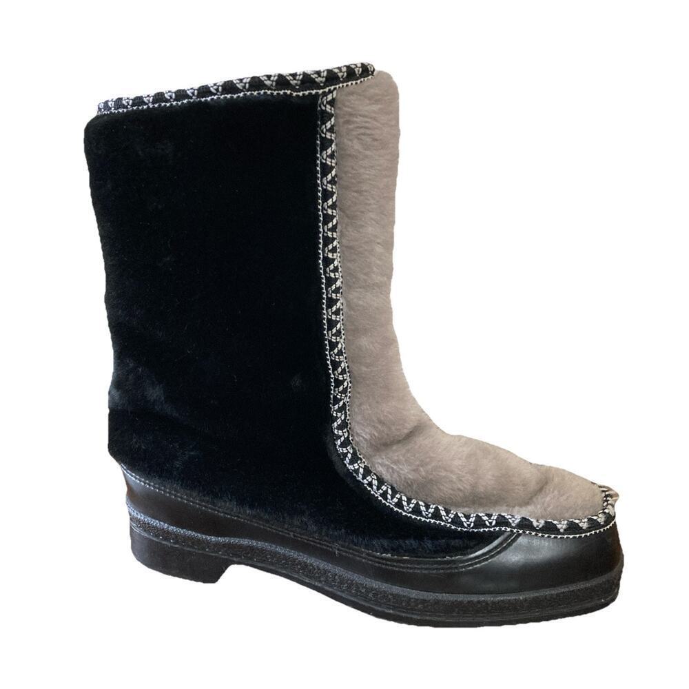 Vtg Quoddy Women’s Boot Sz 8 Shearling Lined Faux Fur Moccasin Black Gray‎ Snow